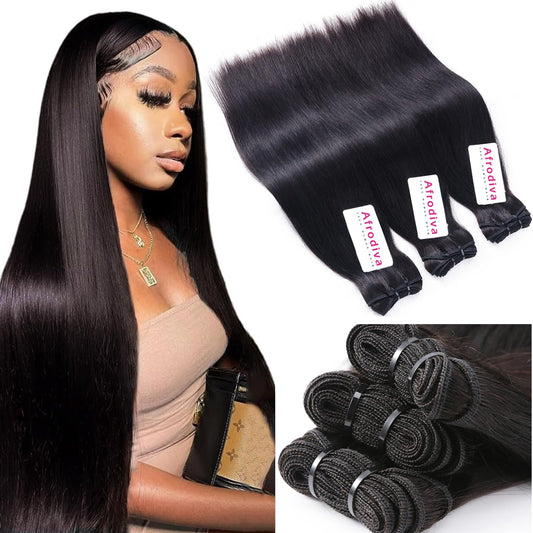 Afrodiva Straight 3 Bundles Human Hair 20 22 24 Inch 100% Unpro cessed Brazilian Virgin Human Hair Bundles Double Weft Weave Bundles Straight Hair 70g/Bundle Hair Natural Color