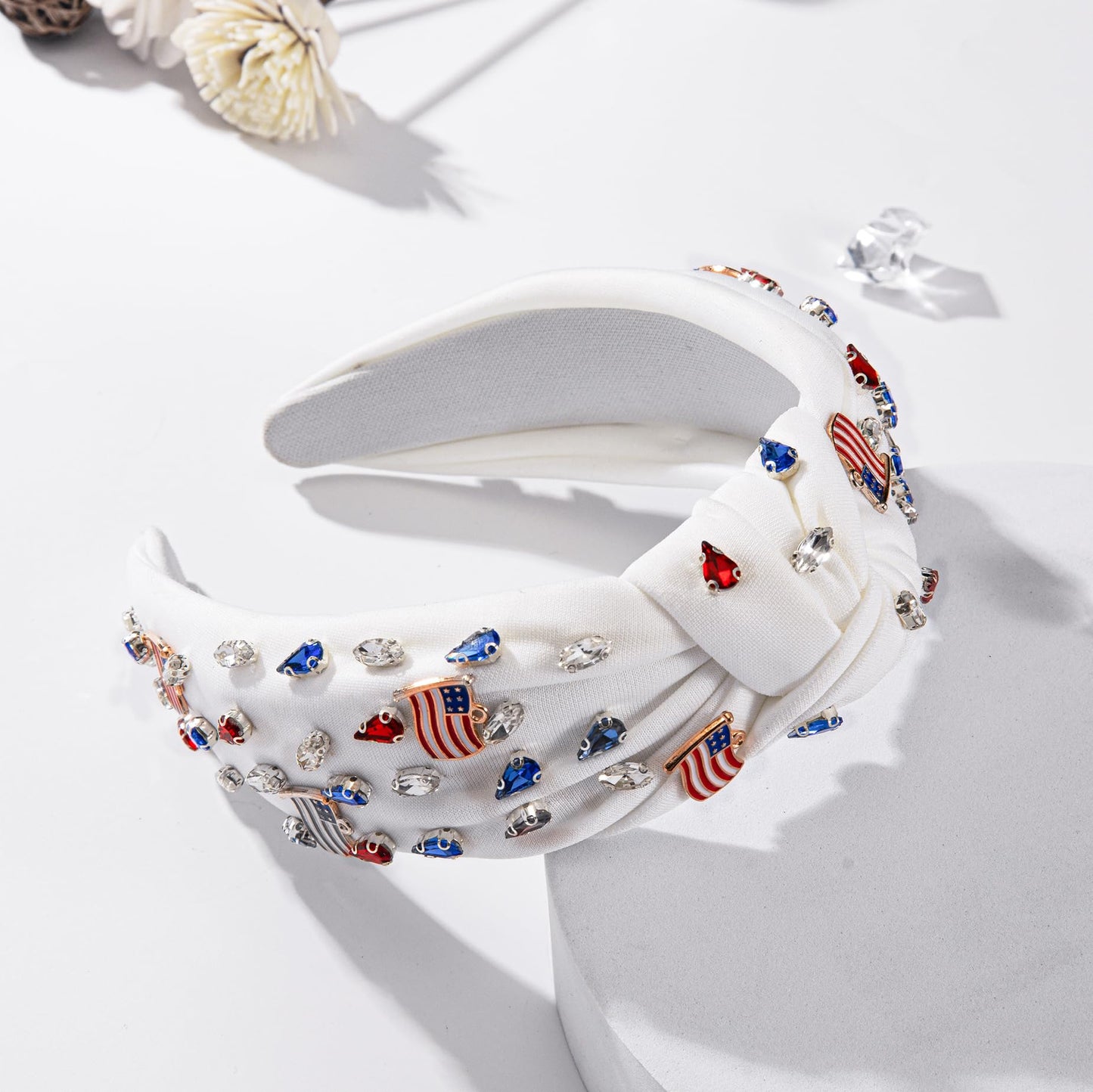 4th of July American Flag Rhinestone Headband for Women Red White Blue Crystal Top Knottted Headband Patriotic American Flag Charm Wide Hairband for Independence Day Hair Accessories Gift