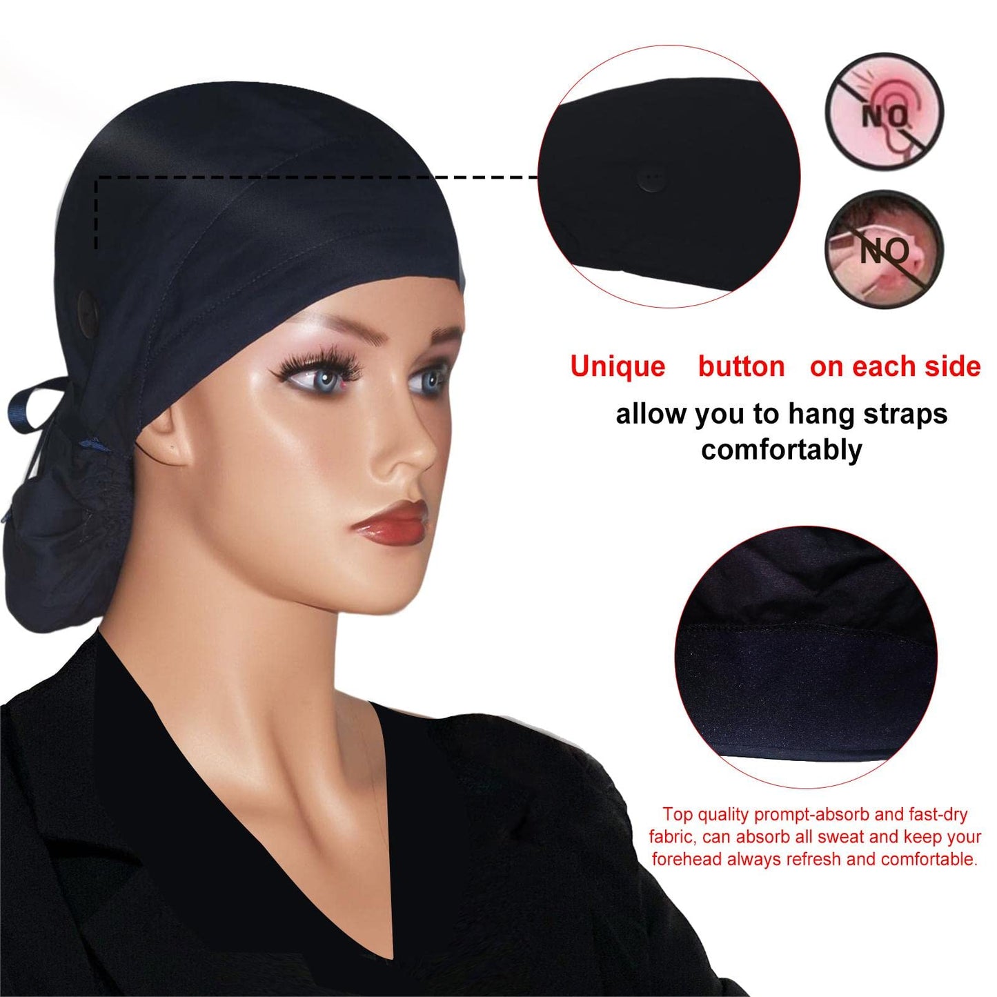 Scrub Cap with Buttons - Cotton Cap with Sweatband, Adjustable Ponytail Working Cap, Tie Back Hats for Women (Black)