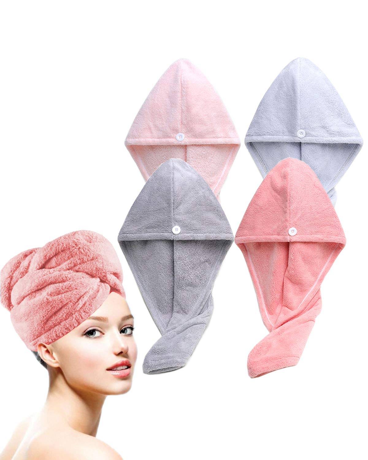 Bath Pre Dry Hair Towel 4-Piece Set Quick Dry Extra Absorbent Lightweight Turban with Button Hair Drying Wrap Bathroom Girl Friend Family Mom Gift