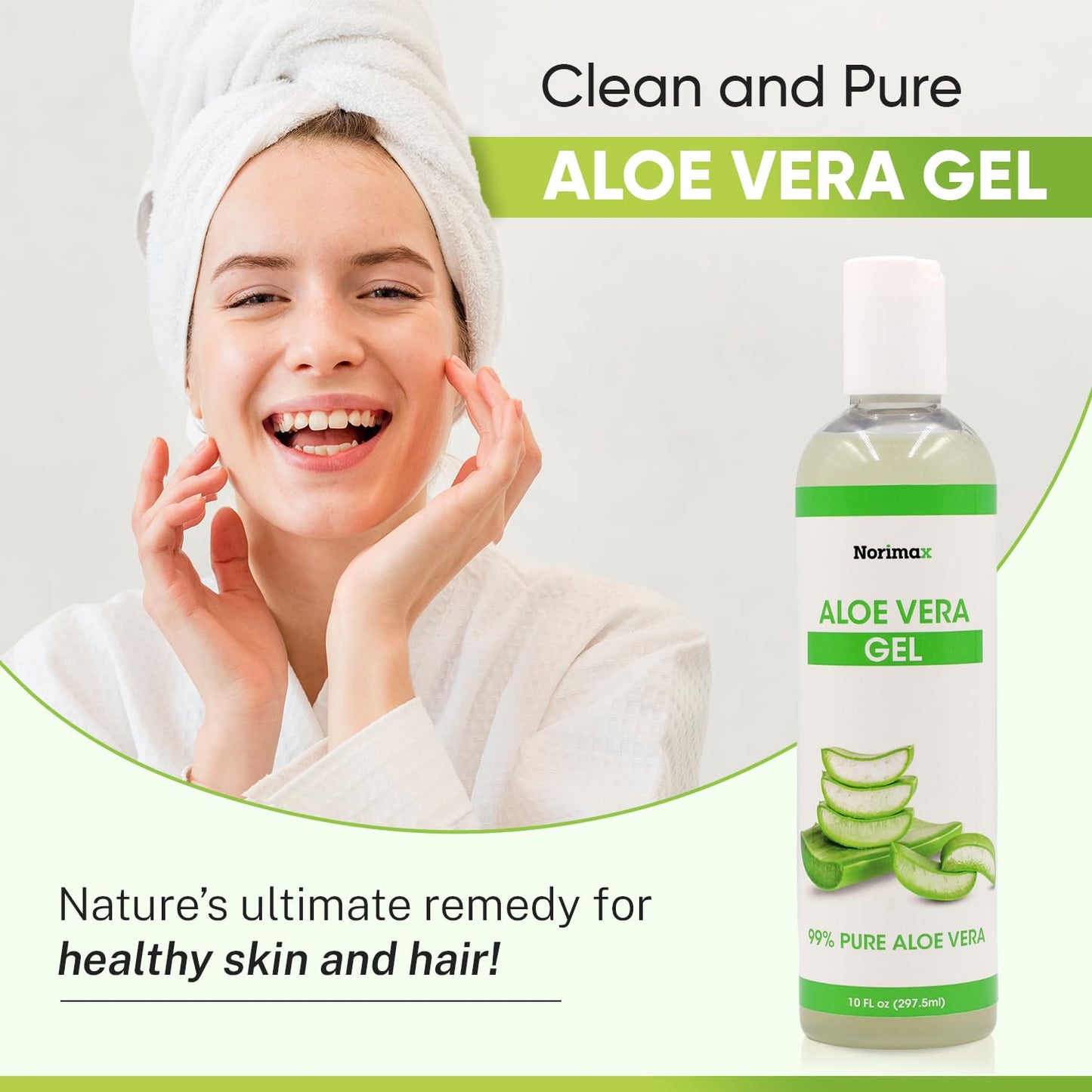 Norimax Natural Aloe Vera Gel for Hair, Scalp, Face, Dry Skin, Sunburn, & Sensitive Skin - Cold Pressed, Vegan, Unscented - Soothing Aloe Face Moisturizer (10 oz.)