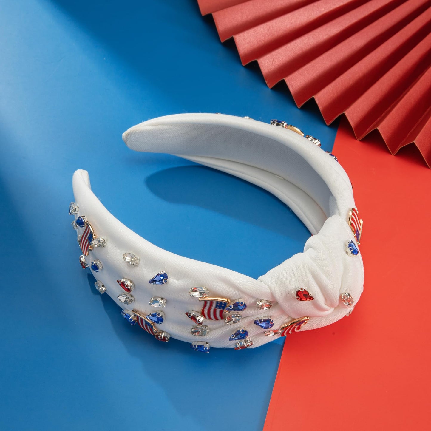 4th of July American Flag Rhinestone Headband for Women Red White Blue Crystal Top Knottted Headband Patriotic American Flag Charm Wide Hairband for Independence Day Hair Accessories Gift