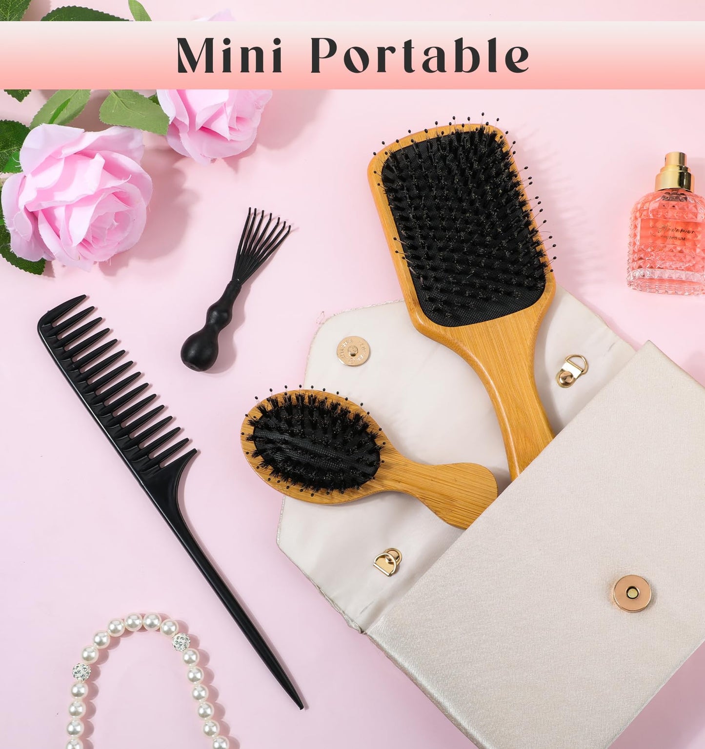 Boar Bristle Paddle Brush, Styling Comb and Brush Set, Hairbrushes and Combs, Wooden Boar Bristle Hair Brush, Brush Paddle for All Hair Type, Travel, Home, Detangling Smoothing Massaging