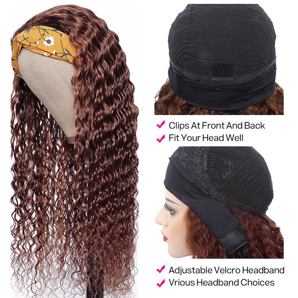 YiweYowe 24 Inch #4 Chocolate Brown Headband Wig Human Hair 150% Density Brazilian Virgin Hair #4 Brown Water Wave Wig Human Hair Glueless Machine Made Headband Wig