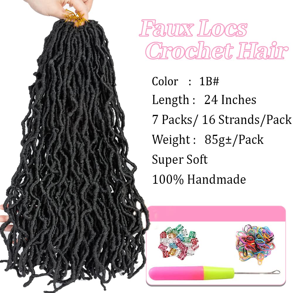 Umylar Faux Locs Crochet Hair 24 inch 7 Packs Soft Locs Crochet Hair Pre Looped Goddess Curly Wavy Synthetic Crochet Hair For Black Women (24 Inch, 7Packs, 1B#)