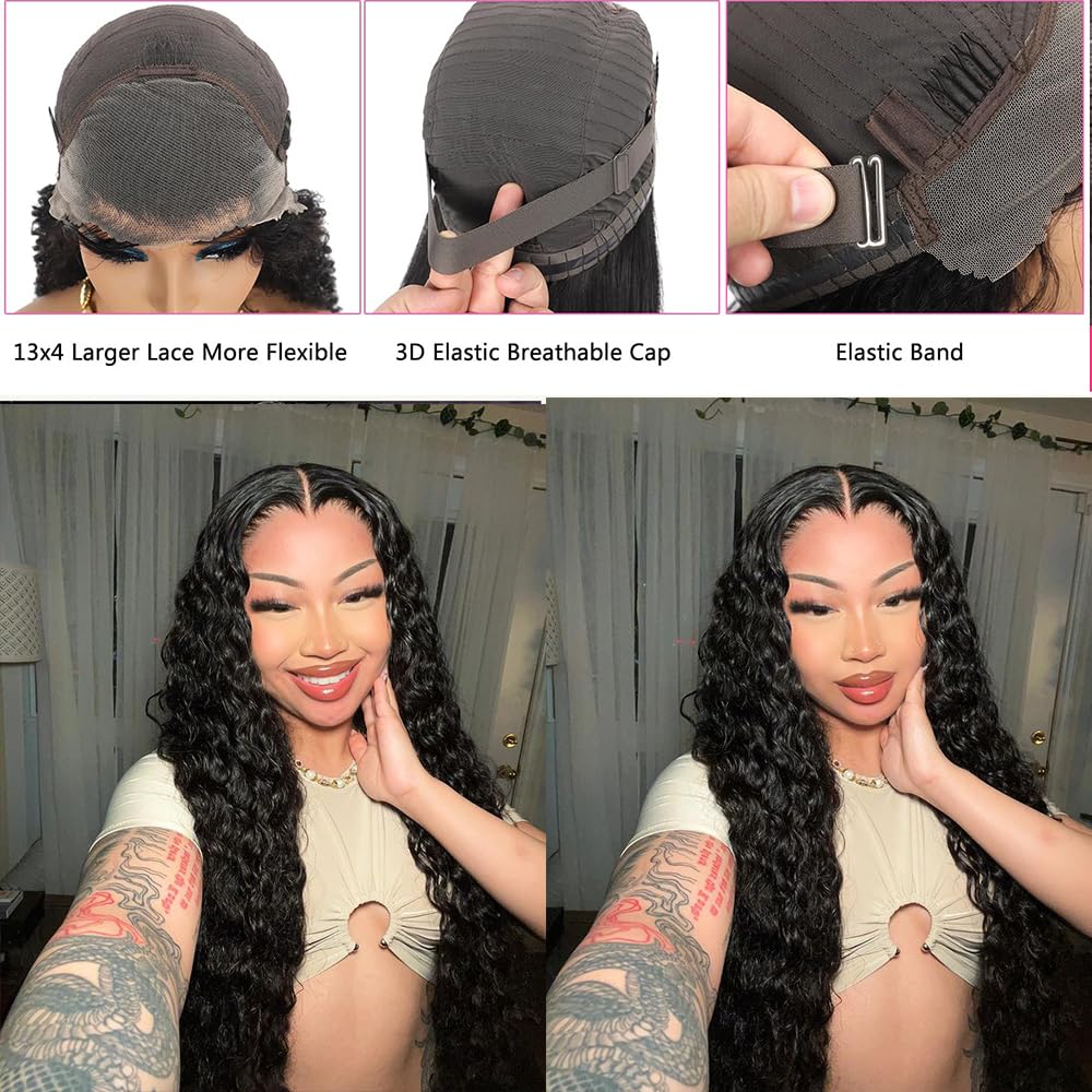 Wear and Go Glueless Wigs Human Hair Pre Plucked Pre Cut for Beginners Deep Wave Lace Front Wigs Human Hair for Women HD Lace Frontal Wigs 180% Density 13x4 Curly Lace Wig with Baby Hair 20inch