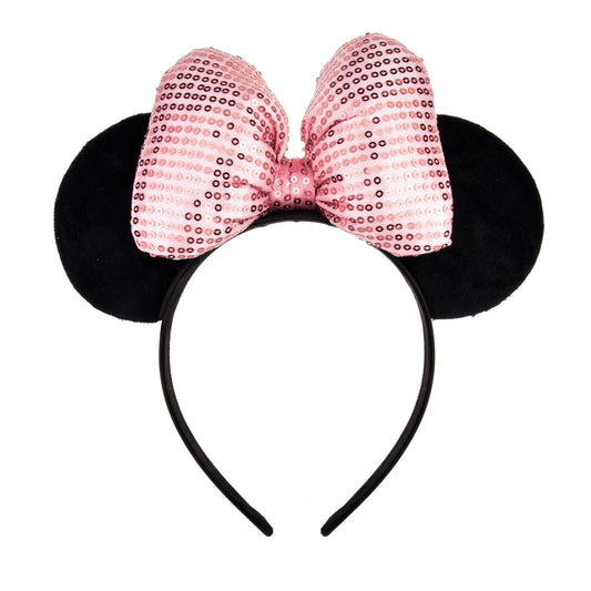 A Miaow 3D Black Mouse Velvet Ears Headband MM Polka Dot Satin Bow Hair Clasp Women Adults Costume Supply Holiday Park Headwear (Pink Bow, One Size)