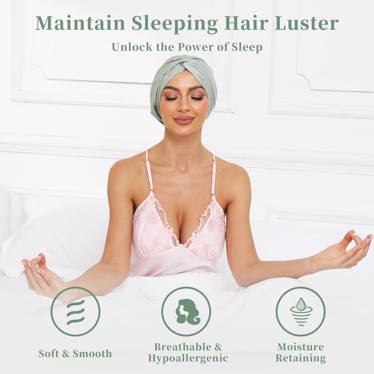 Adjustable Silk Satin Bonnet for Sleeping Hair Wrap, Double Layer Sleep Cap, Night Turban for Large Long Curly Braid Women Men Hair - Matcha Green