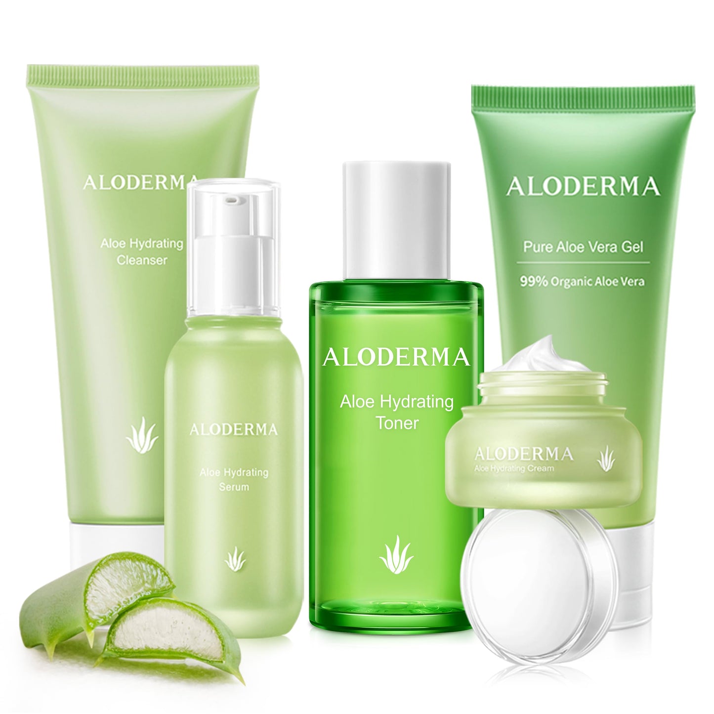 Aloderma Signature Aloe Hydrating Set - 5 Pieces - Aloe Vera Gel, Cleanser, Toner, Serum, Cream