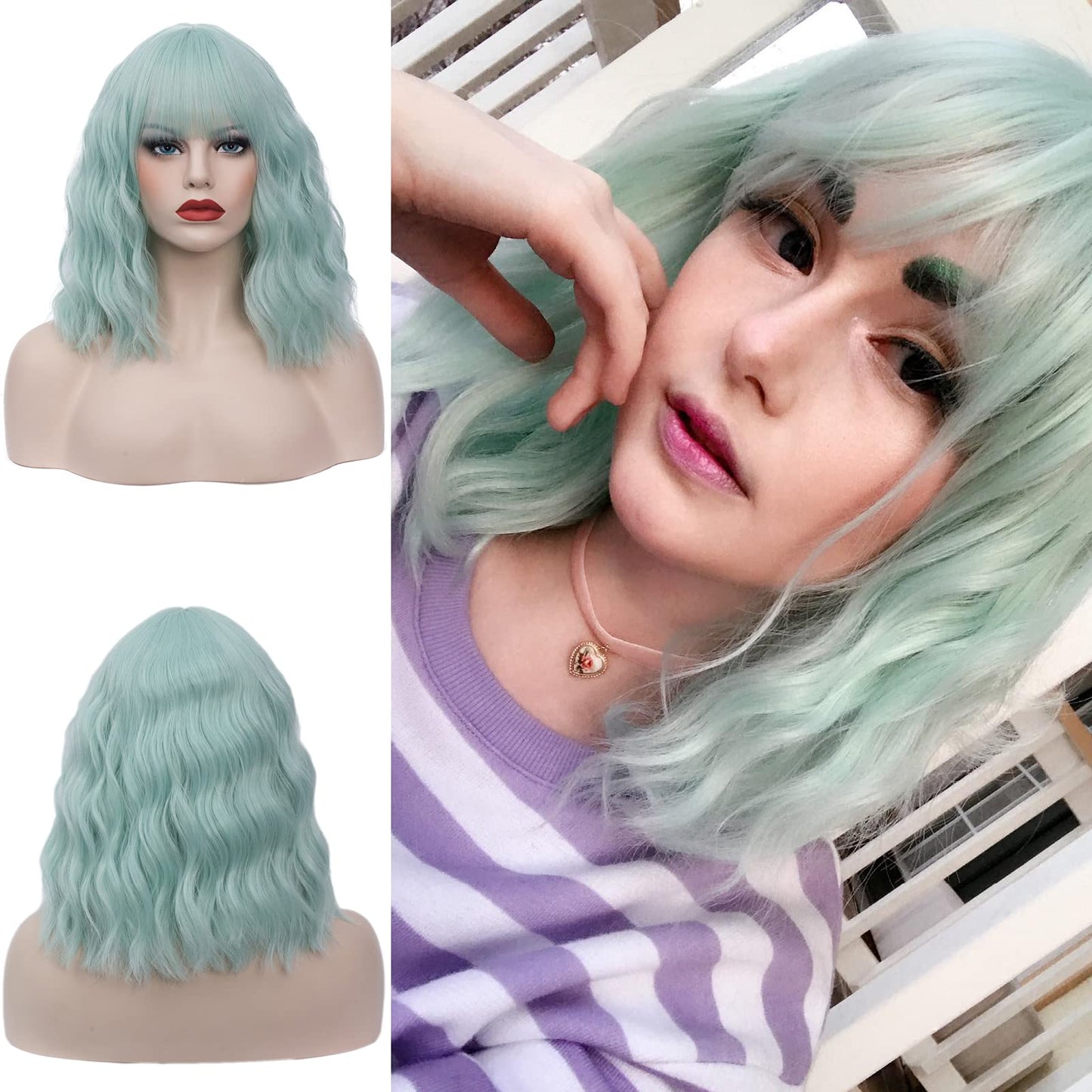 WGPFWIG Women's Mint Green Wig Short Curly Wavy Wig Shoulder Length Flat Bangs Wig For Women Girl Cosplay Party Halloween Wig Cap Included (Mint Green-20)