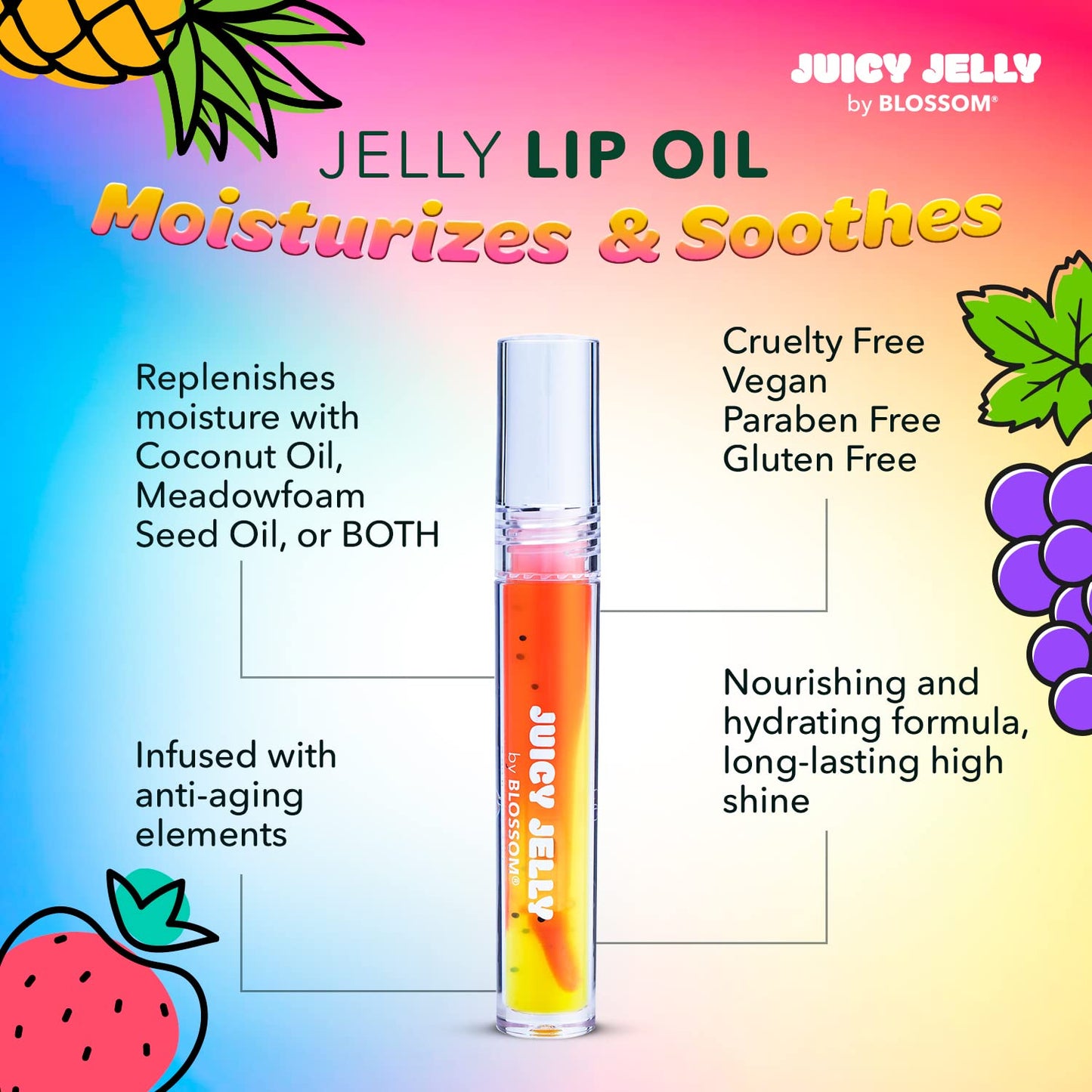Blossom Juicy Jelly Moisturizing Lip Care Fruit Flavored Nourishing Lip Oil with Doe Foot Wand Applicator, 0.09 fl oz, Papaya