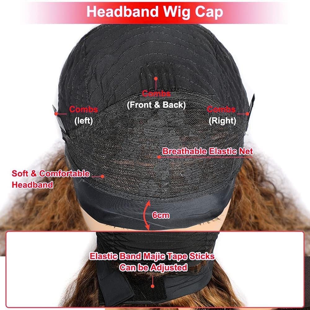 YiweYowe 28 Inch P4/27 Highlight Headband Wig Human Hair Deep Wave Brown Wig Human Hair Glueless Brazilian Virgin Hair Machine Made Wig 150% Density None Lace Front Wig Honey Blonde Colored