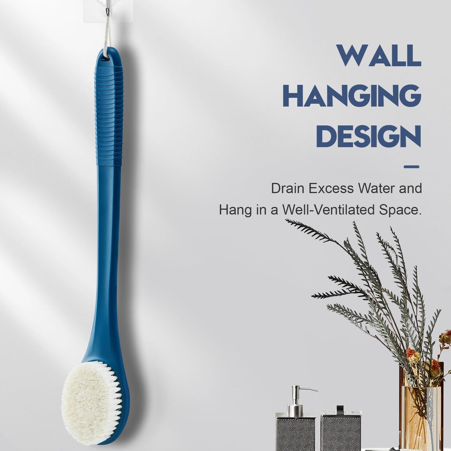 Back Scrubber for Shower, Shower Body Brush for Cleaning with Long Handle for Showering, 17 Inch Back Washer Exfoliator for Shower Men Women with Non-Slip Handle, Adhesive Hook (Celadon Green)