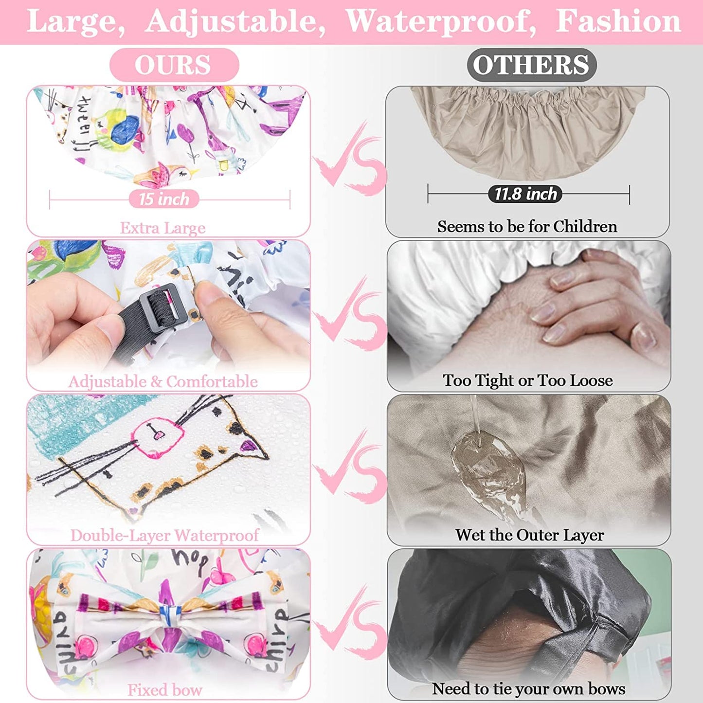 2 PCS Shower Caps, Reusable & Extra Large & Adjustable & Double Layer Waterproof Bow Knot Hair Reusable Cap for Women, Waterproof Outer & EVA Lining, for Shower, Spa, Makeup