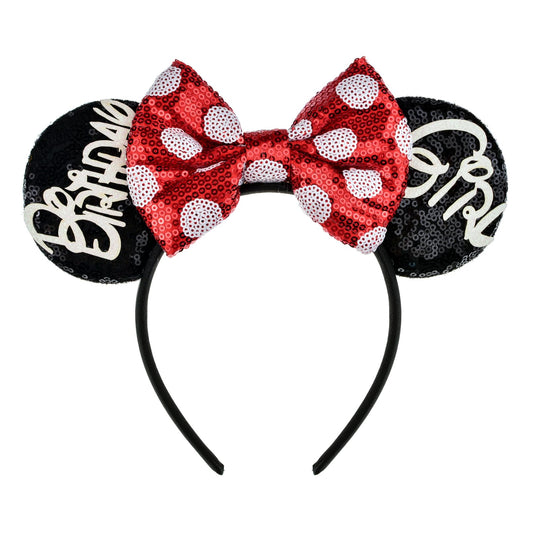 A Miaow Fashion MM Bow Sequin Headband Sparkle Glitter Mouse Ears Hairband Classic Red Hair Hoop Party Costume Photography Props (Birthday Girl)