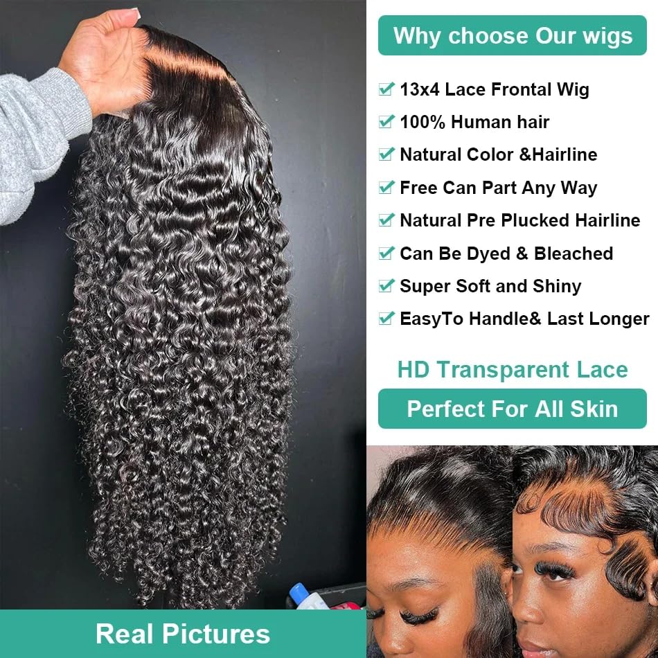 250% Density 13x4 deep Wave lace Front Wigs 250% Density Human Hair HD Transparent Curly Lace Frontal Wigs Human Hair for Black Women Pre Plucked Curly Wave Lace Front Wigs (Natural Color, 18inch)