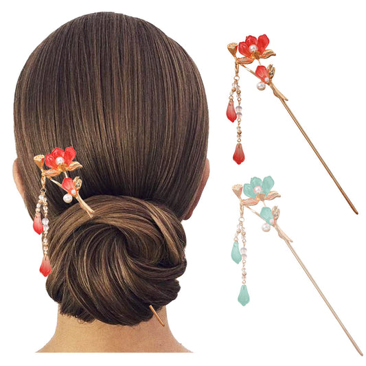 2PCS Chinese Traditional Flower Hair Sticks Vintage Pearl Metal Hairpin Handmade Hair Chopsticks Hair Styling Chignon Pins for Women Girls-Red&Green 010