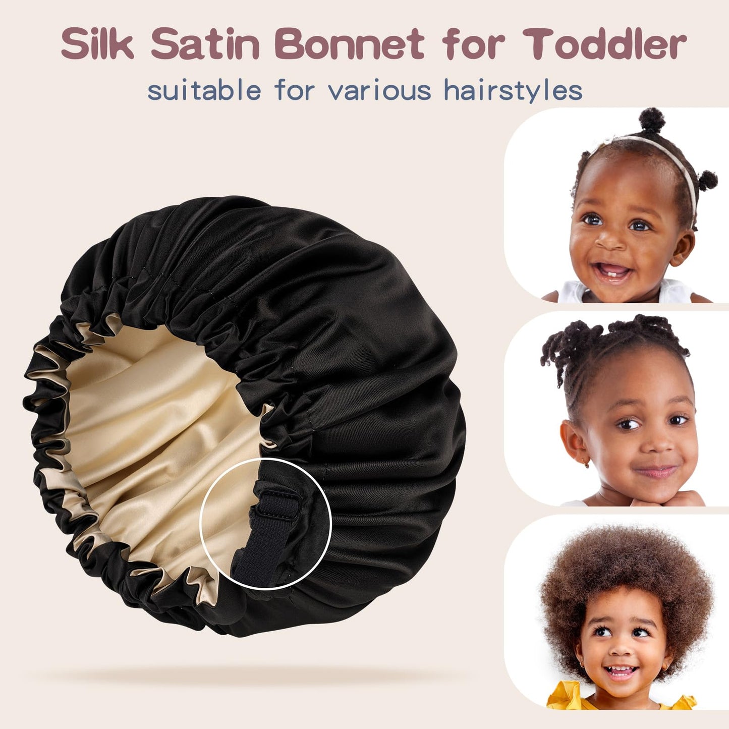 Baby Bonnet for 6-36 Months Sleeping: Reversible Smooth Satin for No Mess Toddler's Curly Hair, Adjustable Band No Slip Black-Taupe
