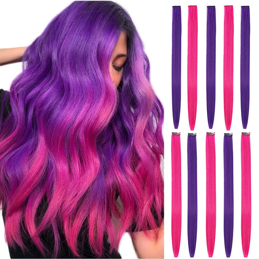 BHF Pink Purple Hair Extensions Purple Orange Clip in - Halloween Hair Accessories for Kids Girls Women Bright Vibrant Neon Hair Extensions Fairy Hairpieces Long Straight 22" 10pcs