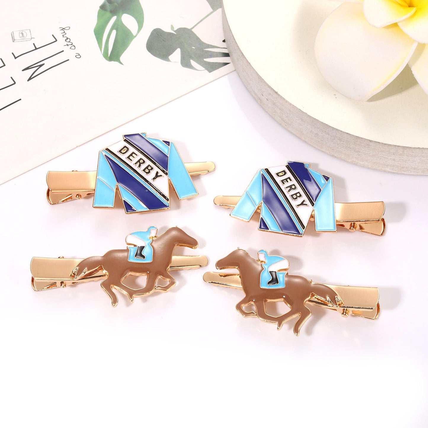 4PCS Kentucky Derby Hair Clips for Women Derby Riding Suit Horse Horseshoe Hairpins Kentucky Derby Hair Accessories Outfits Horse Racing Derby Fan Gifts (4PCS Blue&Brown)