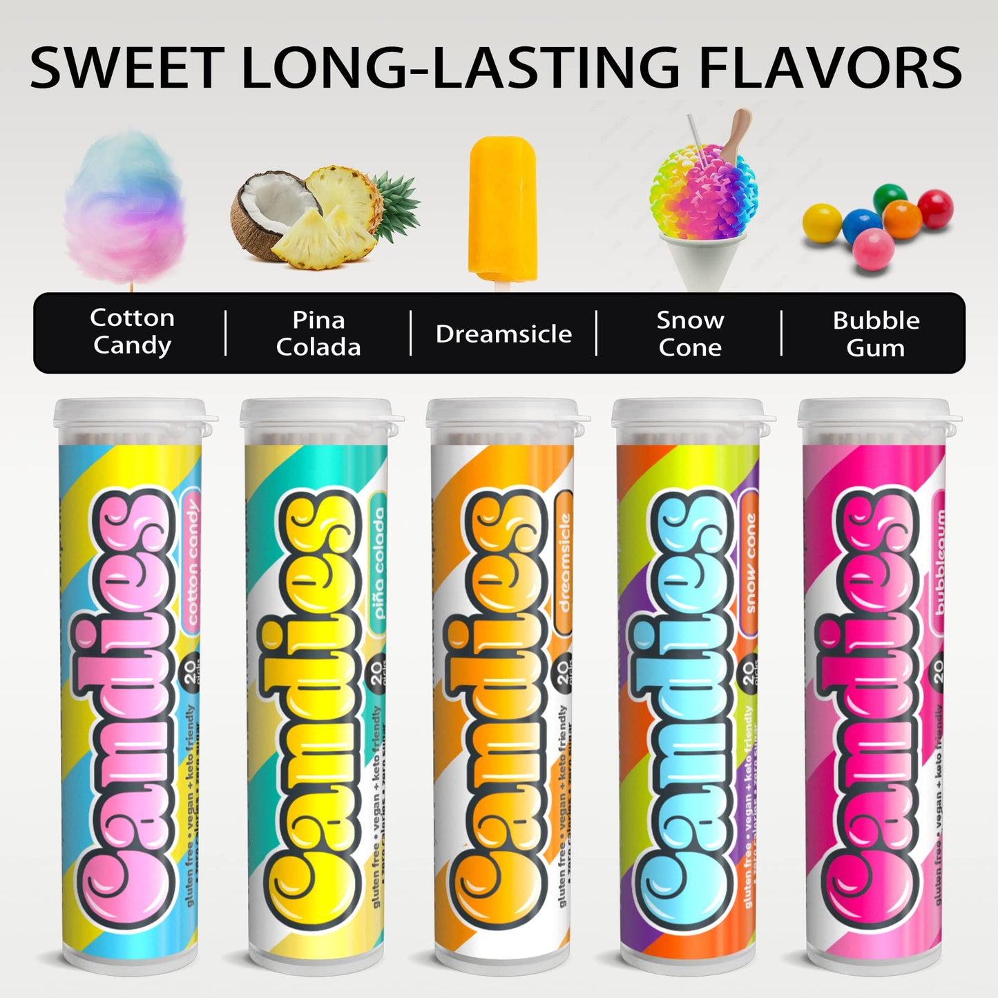 Xero Picks Candies - Infused Flavored Toothpicks (Candies Variety, 5 Pack - 100 Picks) Bubblegum, Pina Colada, Orange Creamsicle, Cotton Candy, Snow Cone and Candy Cane