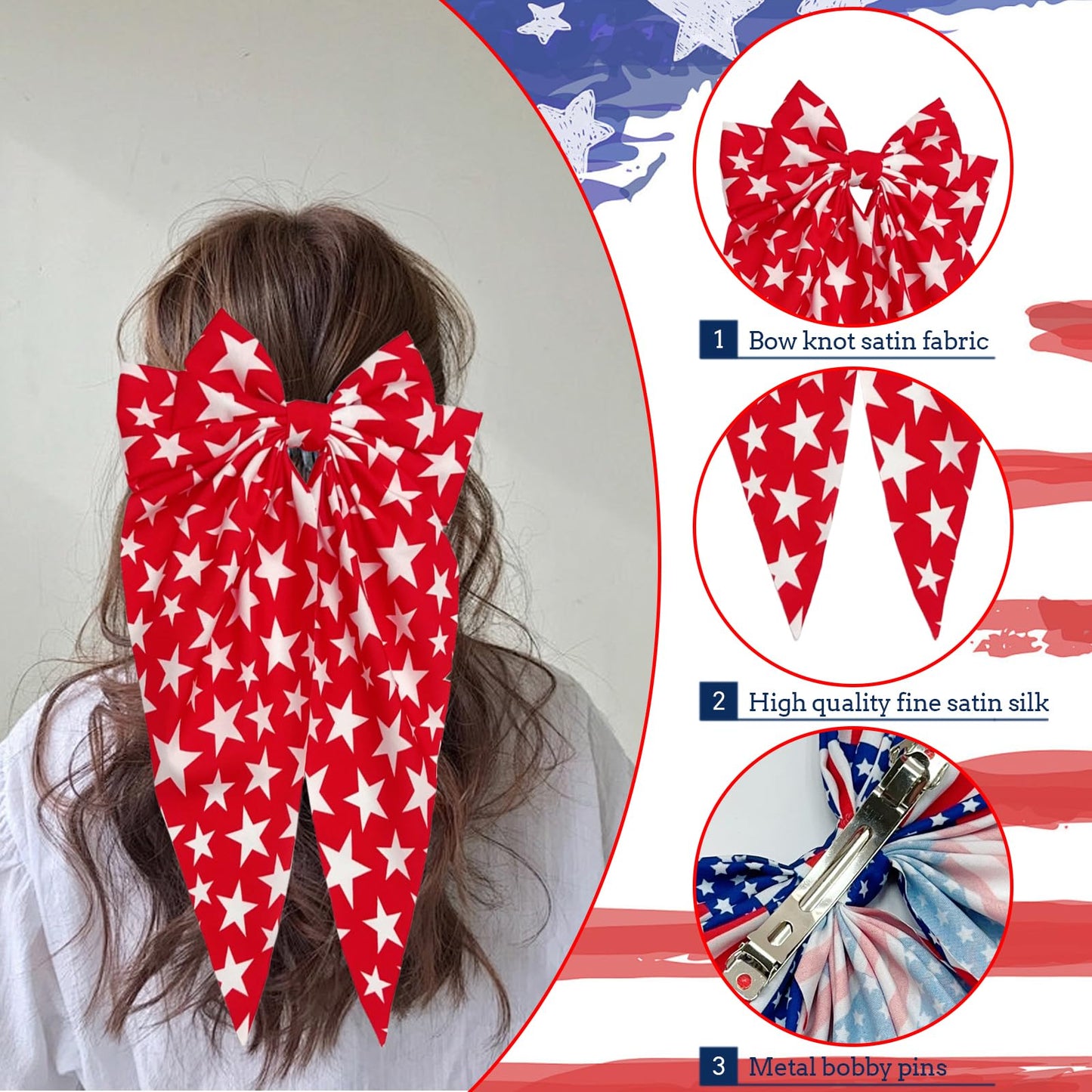 4th of July Large Patriotic Bow Hair Clips - American Flag Independence Day Hair Accessories for Girls, Toddlers, Kids, Little Girls