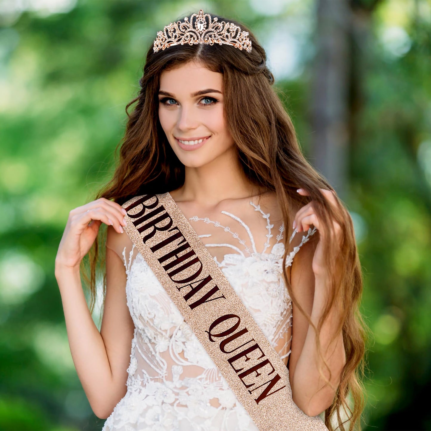 Rose Gold Crown for Women Birthday Queen Sash & Rhinestone Tiara Set Birthday Decoration Rhinestone Headband Glitter Crystal Hair Accessories for Party(Rose Gold1&Sash)