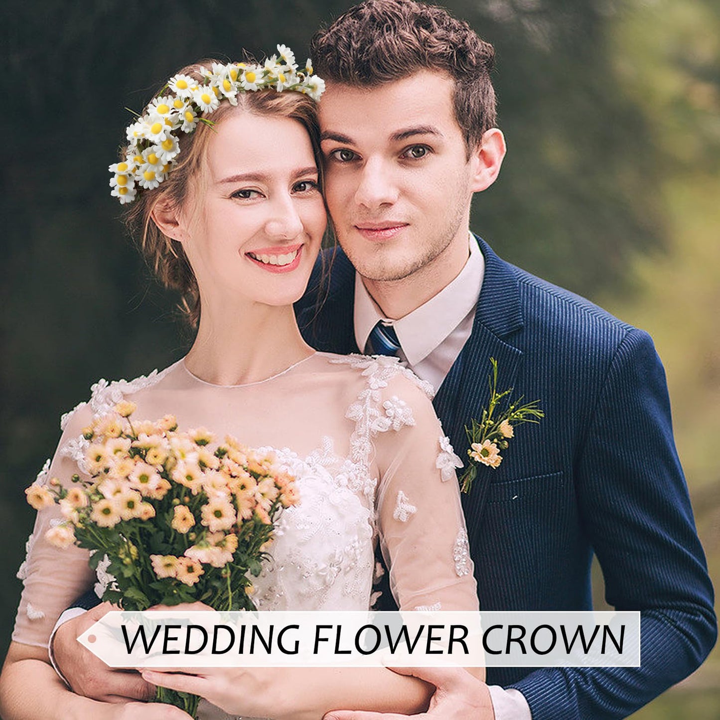 AWAYTR Flower Hippie Floral Crown - Boho Sunflower Headband for Women, Hippie Costume and Hair Accessories (White)