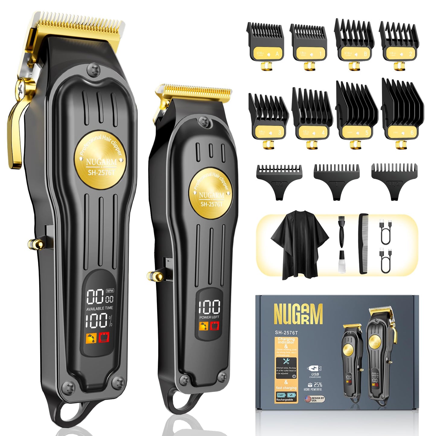NUGARM Hair Clippers for Men Cordless Hair Clipper Hair Trimmer Barber Clippers Zero Gapped T-Blade Hair Trimmer with LCD Display & Guide Combs Beard Cutting Kit