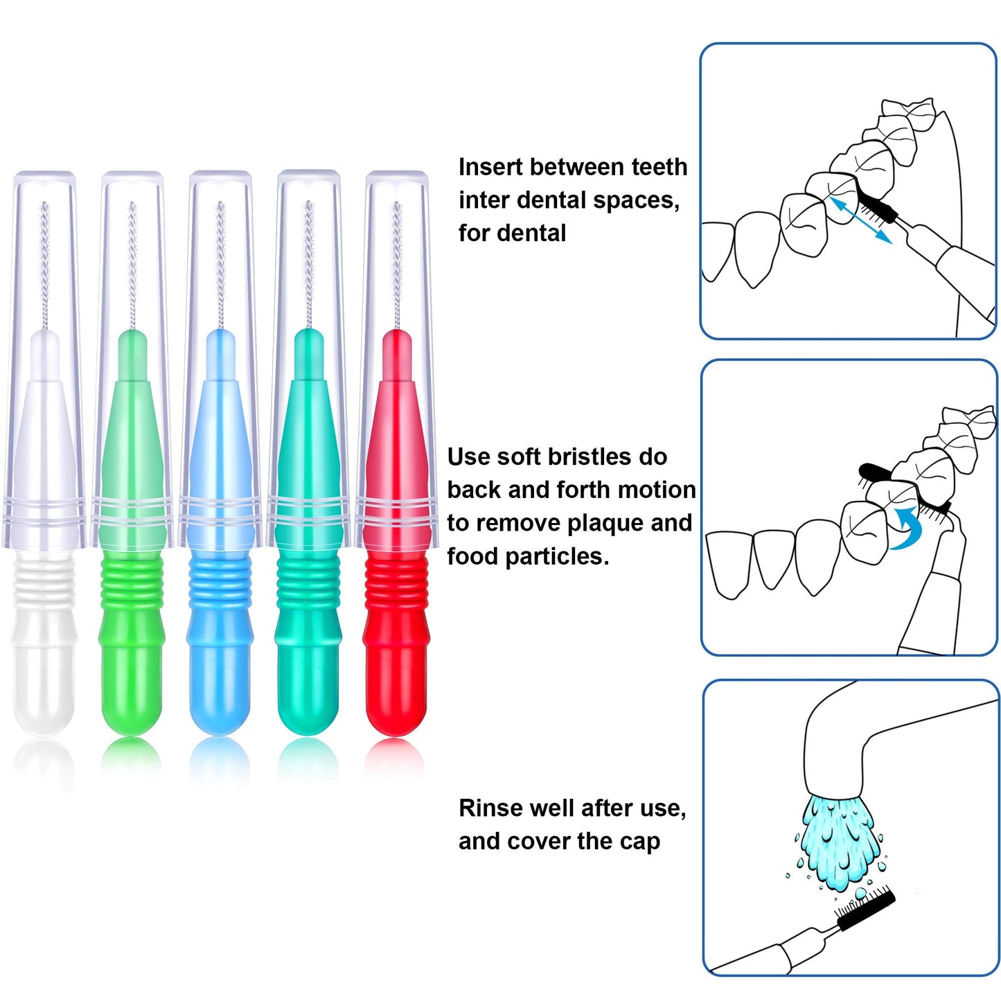 BBTO 100 Pcs Braces Dental Brush Flosser for Cleaner Interdental Brush Toothpick Dental Tooth Flossing Head Oral Dental Toothpick Cleaners Cleaning Tool (Red White Green Light Green, Light Blue)