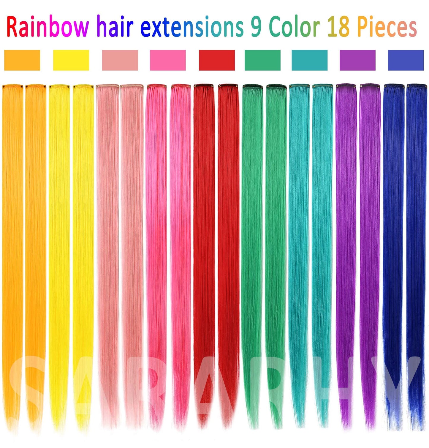 SARARHY 9 Color 18 PCS Multicolored Hair Extensions clip in Kids Highlights 21inch Straight Colored Hair Extension Clip In For Girls and Women Party Rainbow Wig Hairpieces