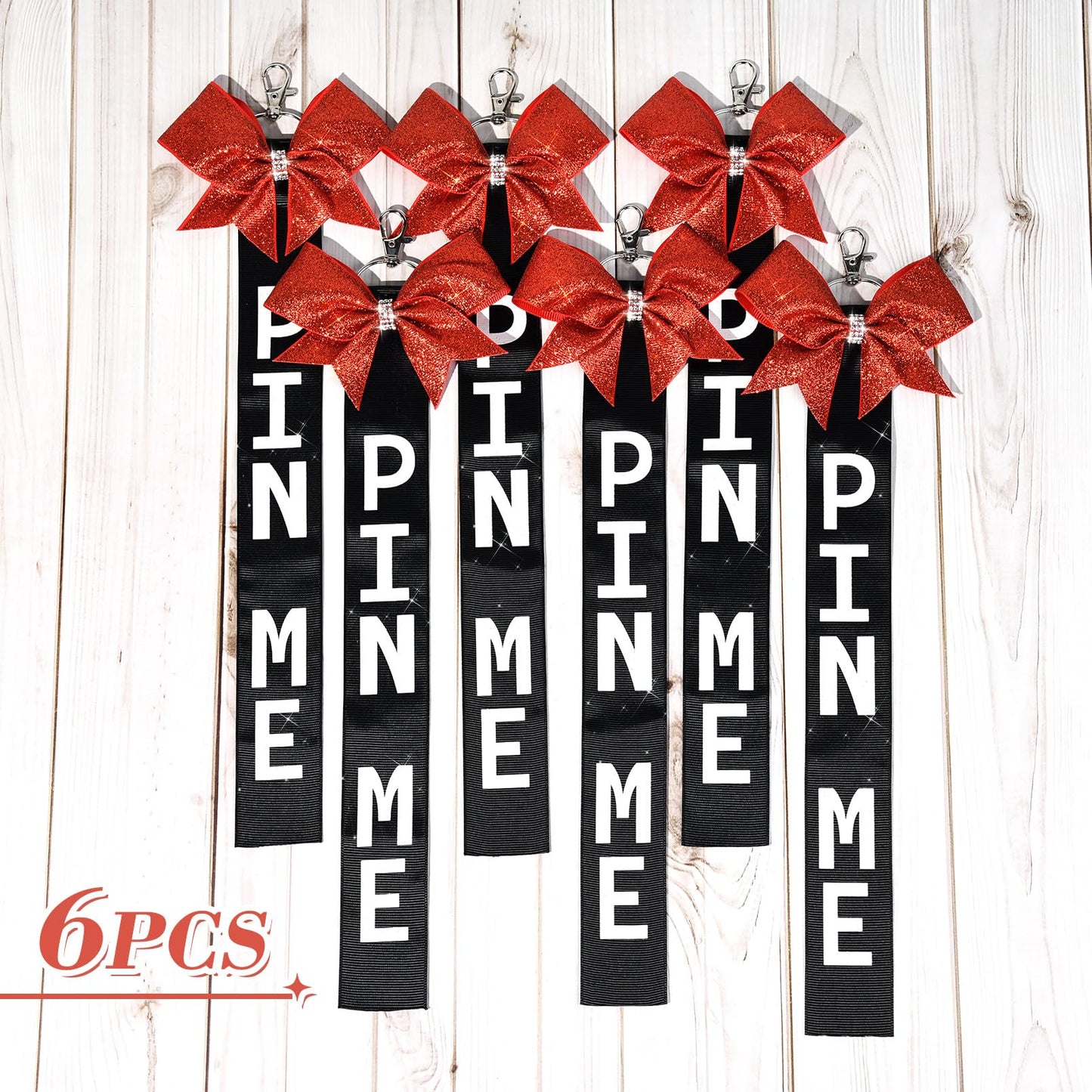 Aileam 6 PCS Cheer Pin Me Ribbon Cheer Bag Bow Keychain with Rhinestones Bow Pin Me Cheer Competition for Teen Girls Cheerleading Sports Accessory(Red Black)