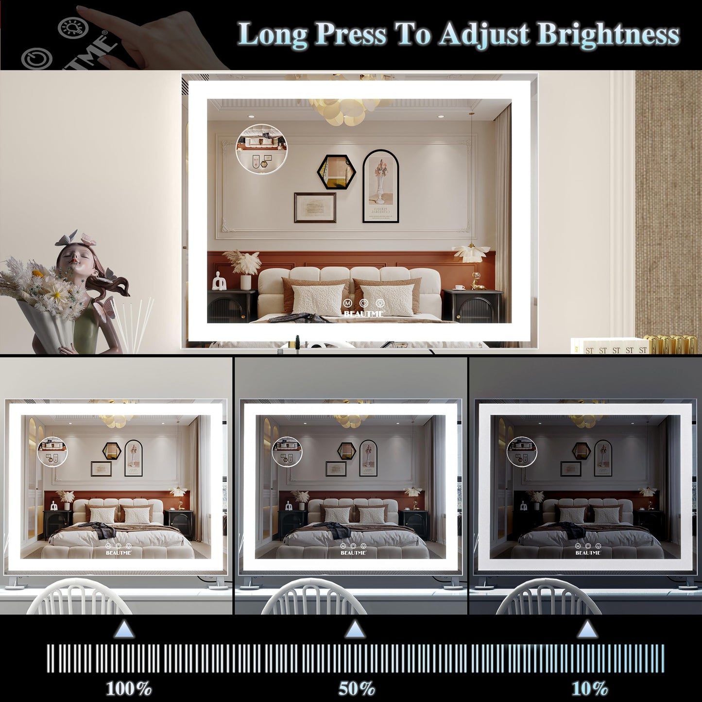 BEAUTME Vanity Mirror,Tabletop Makeup Mirror,Hollywood Mirror,LED Bedroom Mirror with Lights,Lighted Mirror, Aluminium Frame,48.5×40.5cm,White