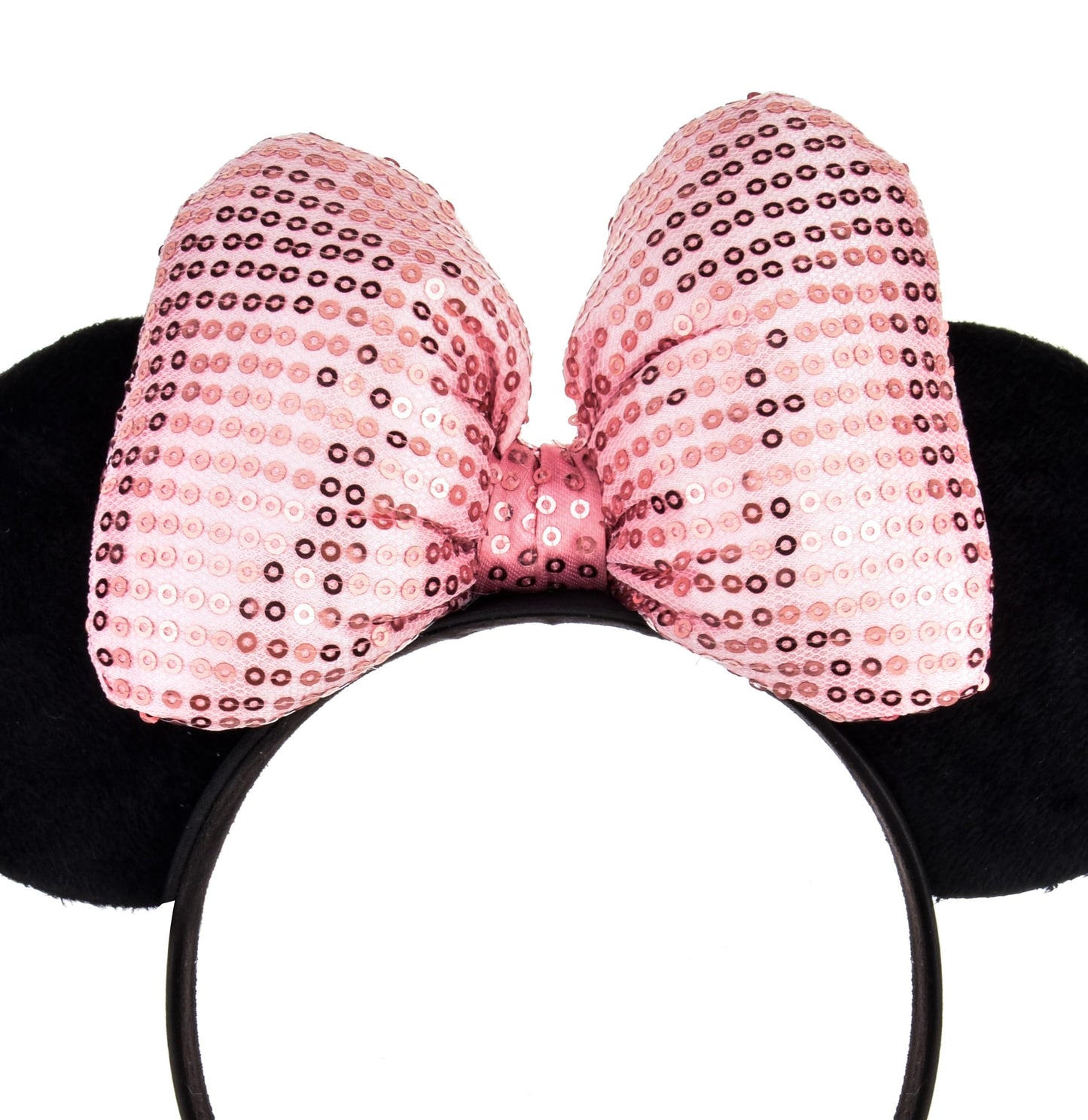 A Miaow 3D Black Mouse Velvet Ears Headband MM Polka Dot Satin Bow Hair Clasp Women Adults Costume Supply Holiday Park Headwear (Pink Bow, One Size)