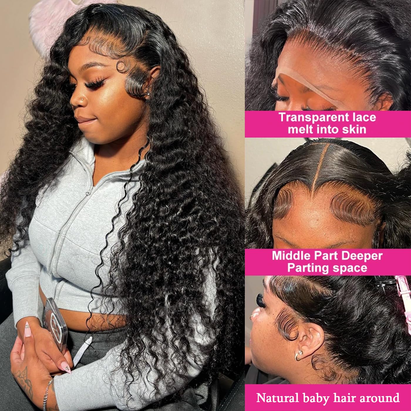 13x6 Deep Wave Lace Front Wigs Human Hair Wigs for Black Women HD Transparent Deep Curly Lace Frontal Glueless Wigs Human Hair Pre Plucked with Baby Hair Natural Black 20 Inch