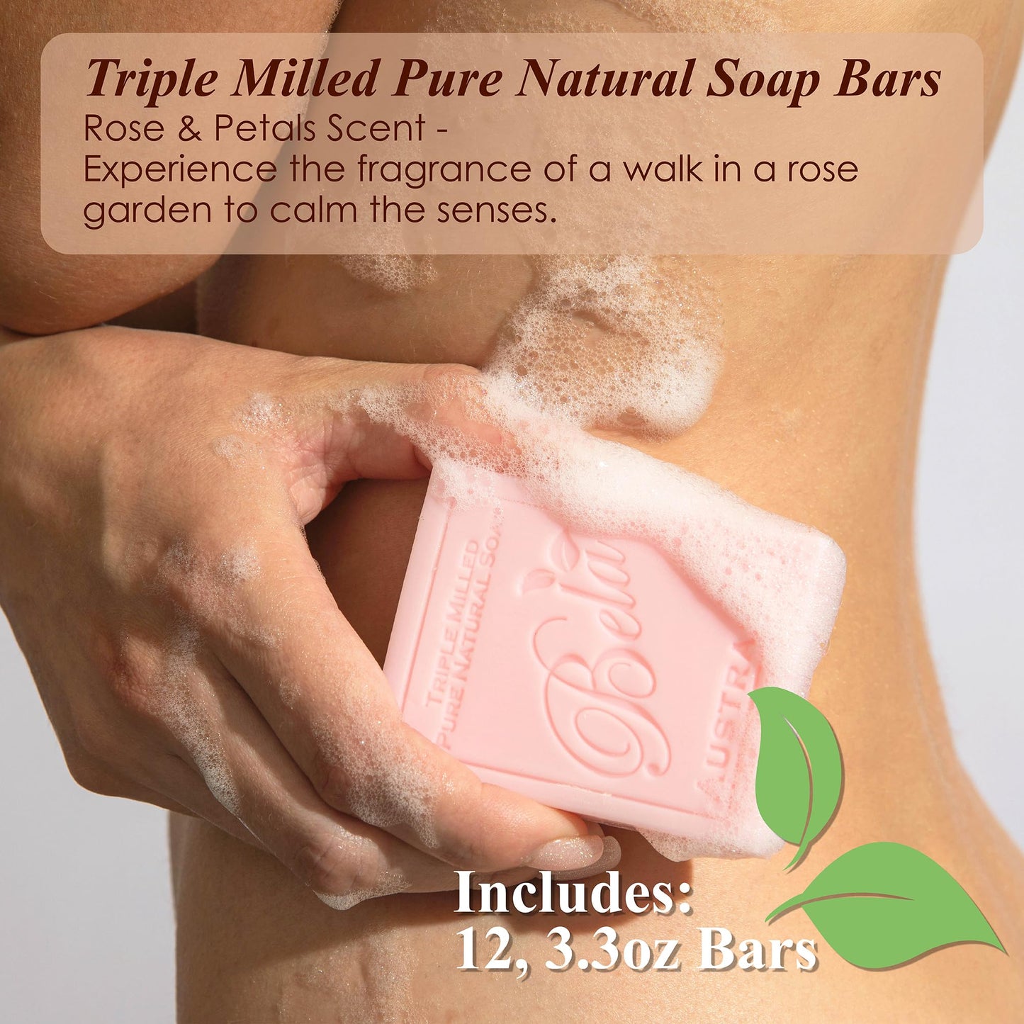 BELA - Triple Milled Pure Natural Soap Bars - Rose & Petals, 3.3 oz (Pack of 12) - Organic Shea Butter - Rich Creamy Lather - Triple French Milled - Long Lasting - Made in Australia