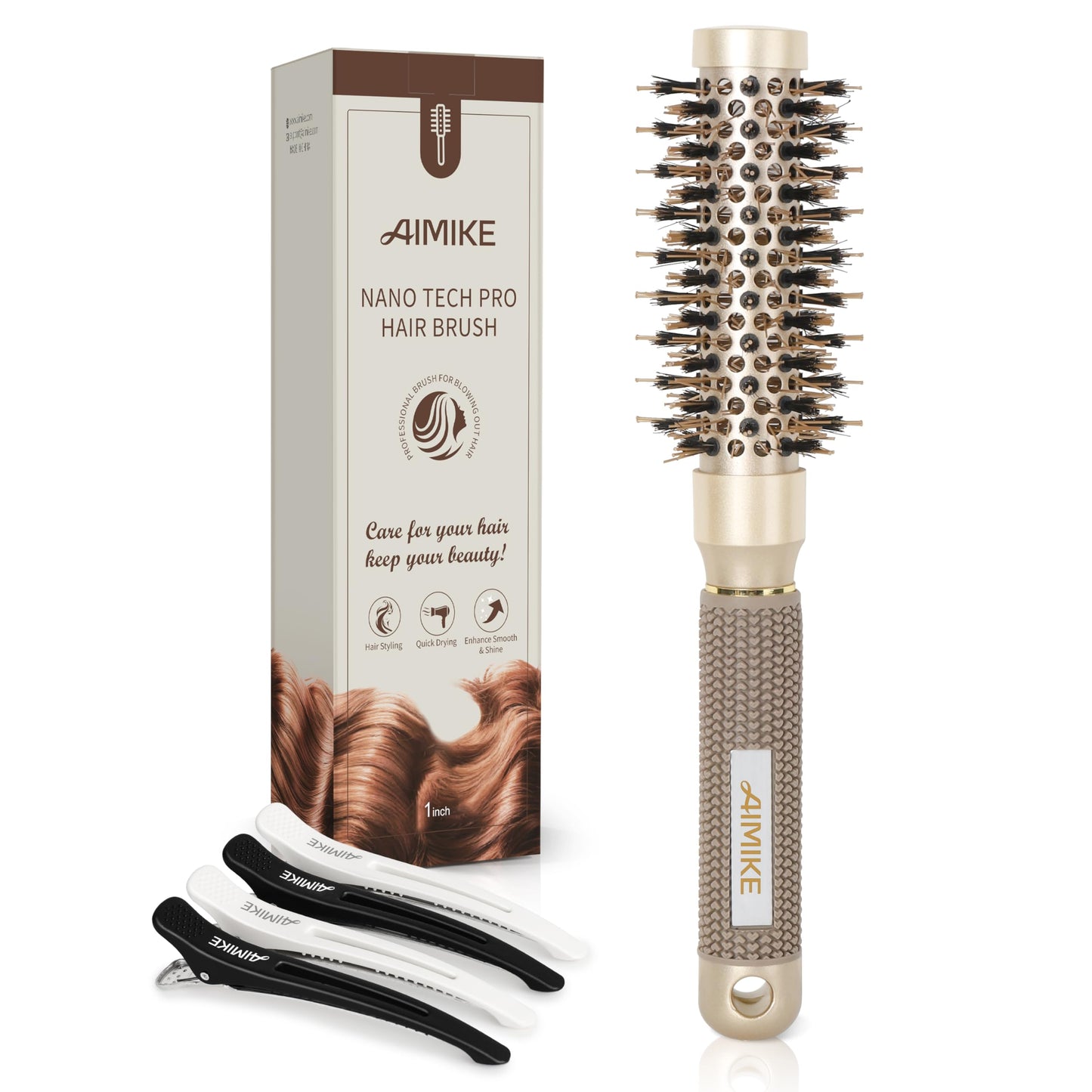 AIMIKE Round Hair Brush, 1 inch Barrel with Boar Bristles, Nano Thermal Ceramic & Ionic Tech, for Blow Drying, Styling, Curling and Shine + 4 Clips (Gold, Unisex, Fine Hair, Short Hair, Anti-Frizz)