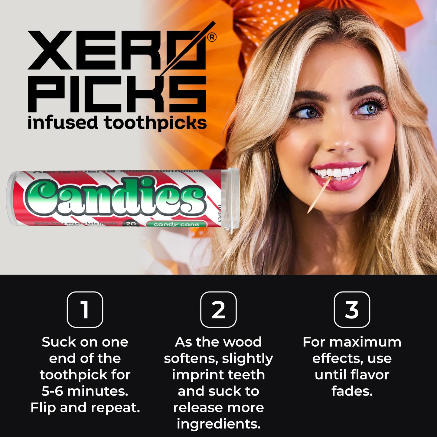 Xero Picks Candies Infused Flavored Toothpicks for Long Lasting Fresh Breath & Dry Mouth Prevention - 60 Picks - 3 Pack - Limited Edition Candy Cane