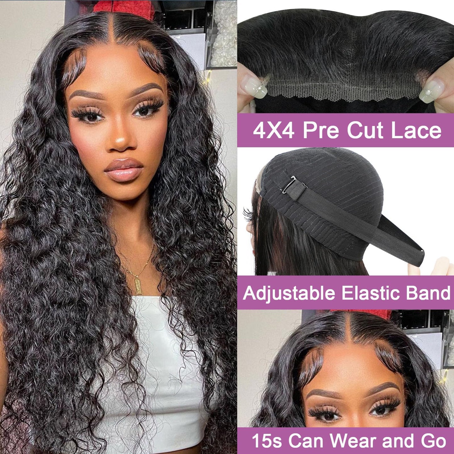 BeautyGrace 22Inch Glueless Wigs Human Hair Pre Cut Lace 4x4 Lace Closure Wigs Human Hair for Beginners Brazilian Virgin Deep Wave Lace Front Wigs Human Hair Natural Color(22Inch)