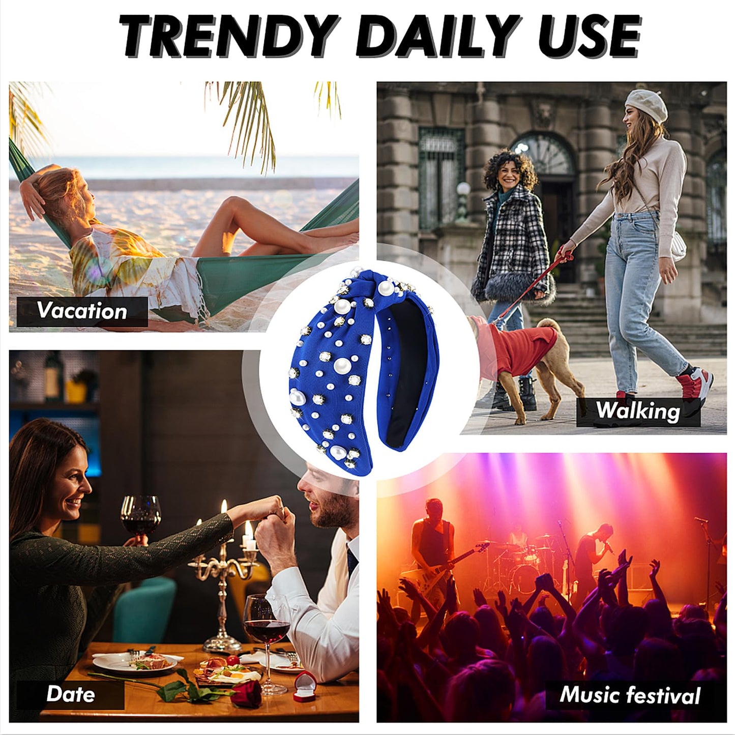 Zkptops Knotted Headband Pearl Rhinestone Headband for Women Beaded Wide Cute Adults Headwear Turban Bride Hairband Fashion Non Slip Sparkly Headpiece Hair Accessory Bachelorette Party Gift(Navy Blue)