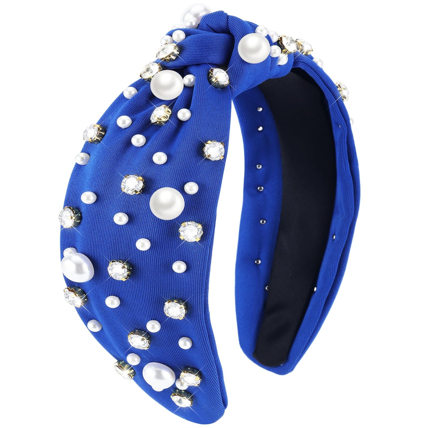 Zkptops Knotted Headband Pearl Rhinestone Headband for Women Beaded Wide Cute Adults Headwear Turban Bride Hairband Fashion Non Slip Sparkly Headpiece Hair Accessory Bachelorette Party Gift(Navy Blue)