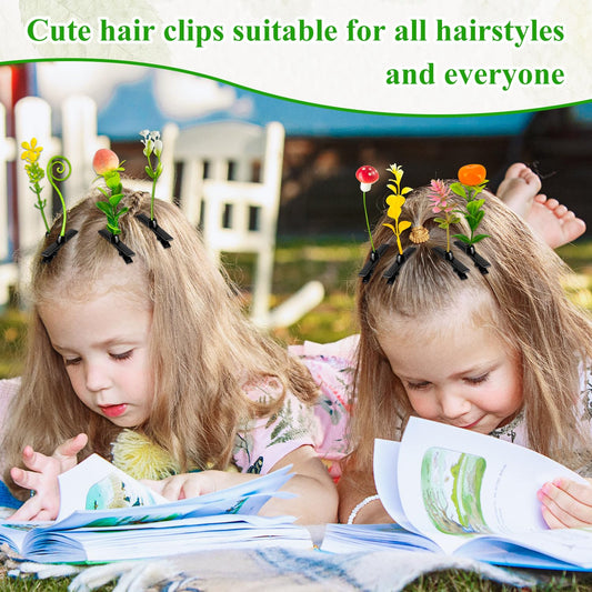 100 Pcs Sprout Clips Mixed Style Plant Hairpins Little Grass Sprout Hair Clips Butterfly Mushroom Hair Accessories Gift for Women Girls Kids Party School