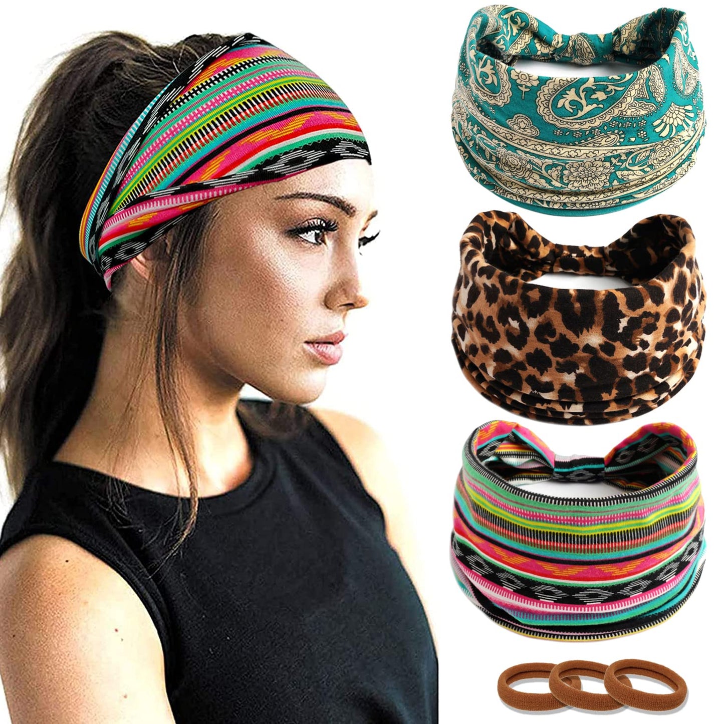 Ainuno Wide Boho Headbands for Women Workout Bandana Fashion Yoga Head Bands Hair Knotted Elastic Head Wrap Pack of 3,Fashion Leopard
