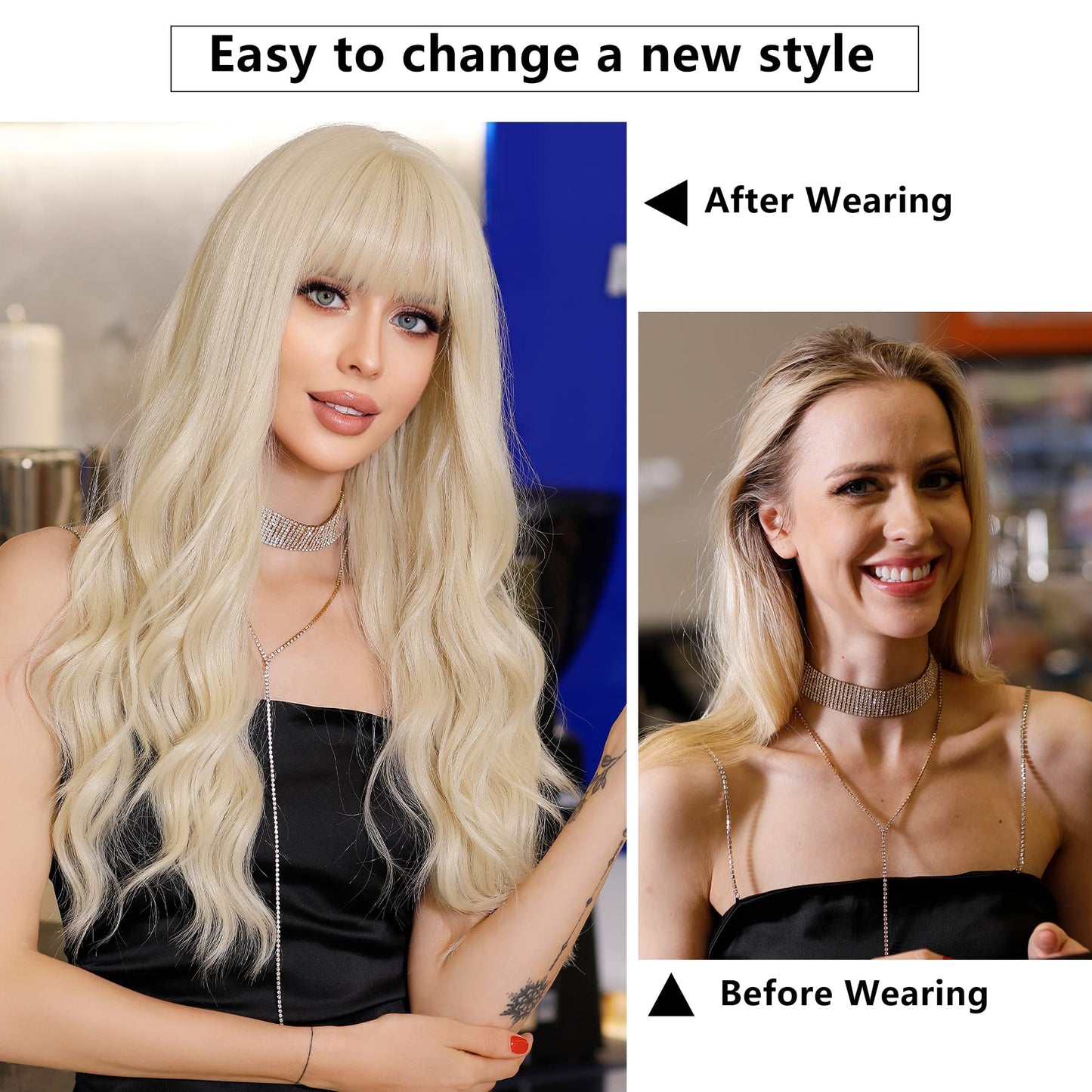 7JHH WIGS Long Platinum Wavy Wigs with Bangs 26in Curly Synthetic Heart Resiatant Wigs for Women Daily Party Cosplay Used