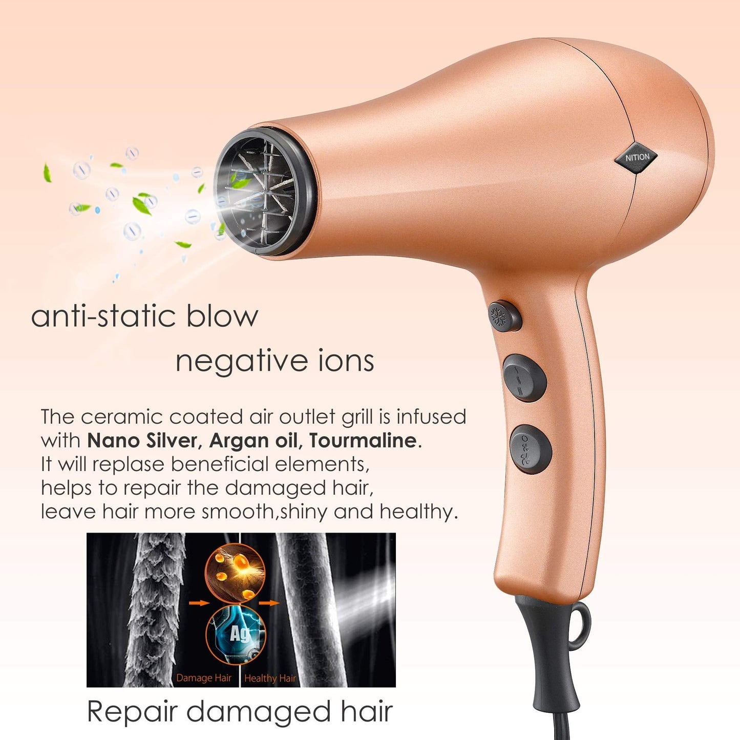 NITION Hair Dryer with Diffuser and 1 1⁄4 inch Argan Oil Curling Iron Set