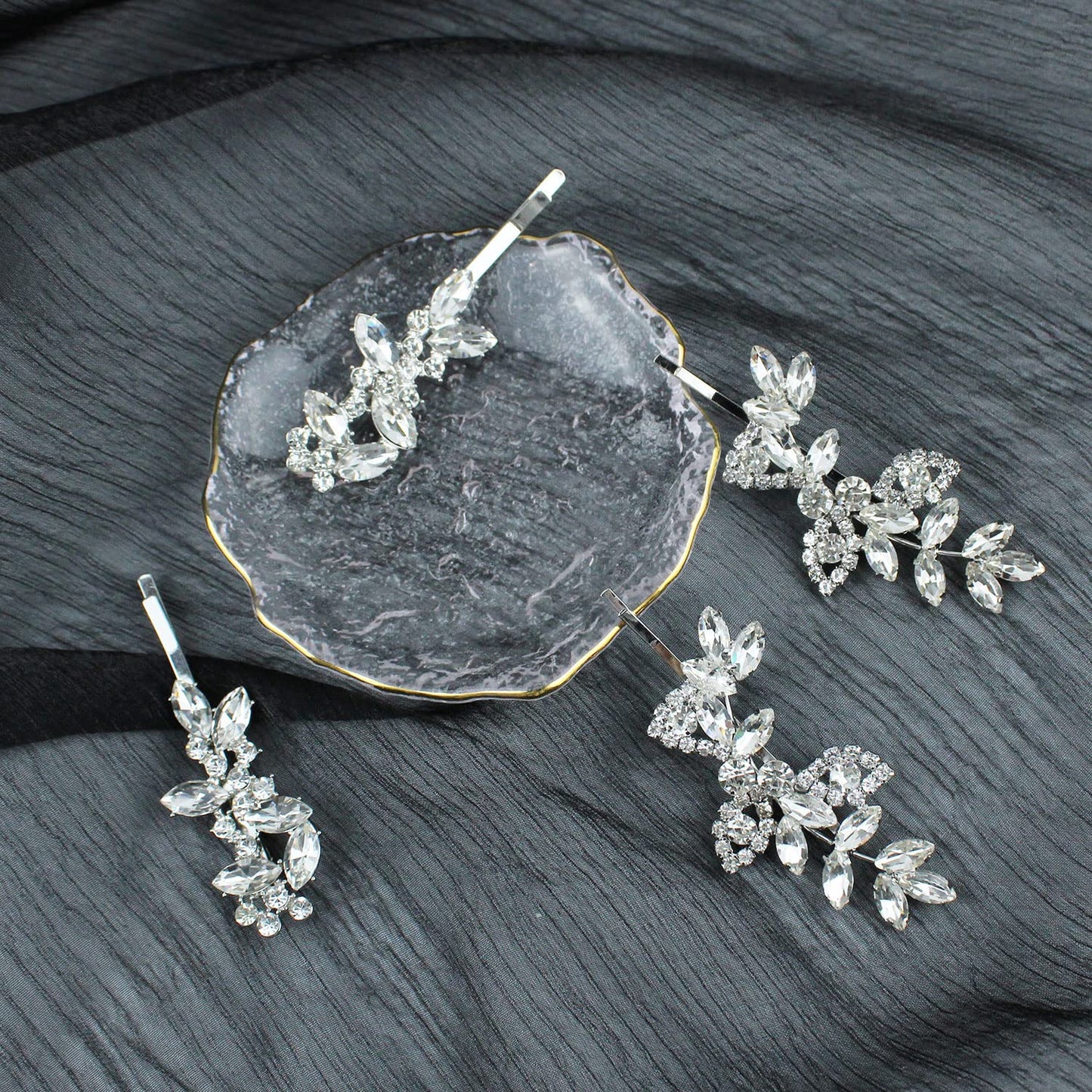 4 Pieces Bridal Hair Clips, Rhinestone Hair Accessories Leaf Wedding Hair Pins Crystal Bobby Pins Silver Hairpin Jewelry Barrette for Brides Bridesmaids Flower Girls (Elegant Type)