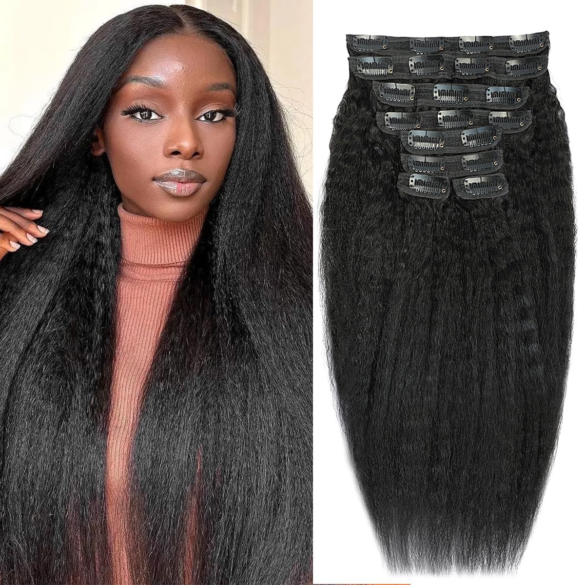 22 Inch Kinky Straight Clip in Hair Extensions Real Human Hair Yaki Straight Clip ins Seamless Remy Human Hair Clip in Extensions for Black Women Natural Black 8Pcs 100g 20 Clips