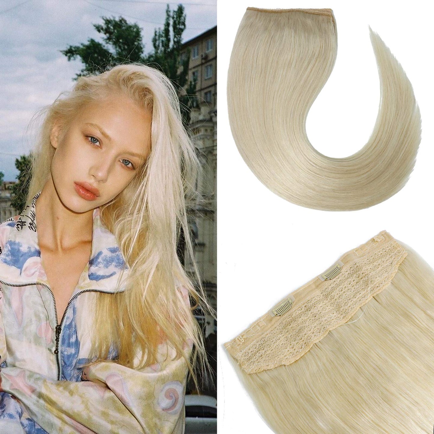 WindTouch Wire Hair Extension 16inch Solid Color Platinum Blonde #60 Remy Real Human Hair Wire Extensions 80g/Pack Invisible Hidden Secret Fishline Flip In Hair Extensions