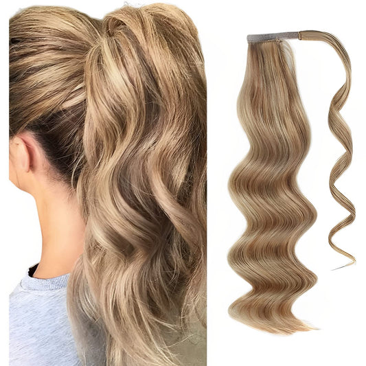 ABH AMAZINGBEAUTY HAIR High Ponytail Extension for Women, Remy Human Hair, Wrap in Easy to Use, Chestnut Brown with Dirty Blonde Highlights P6-12 Color, 80 Gram,16 Inch