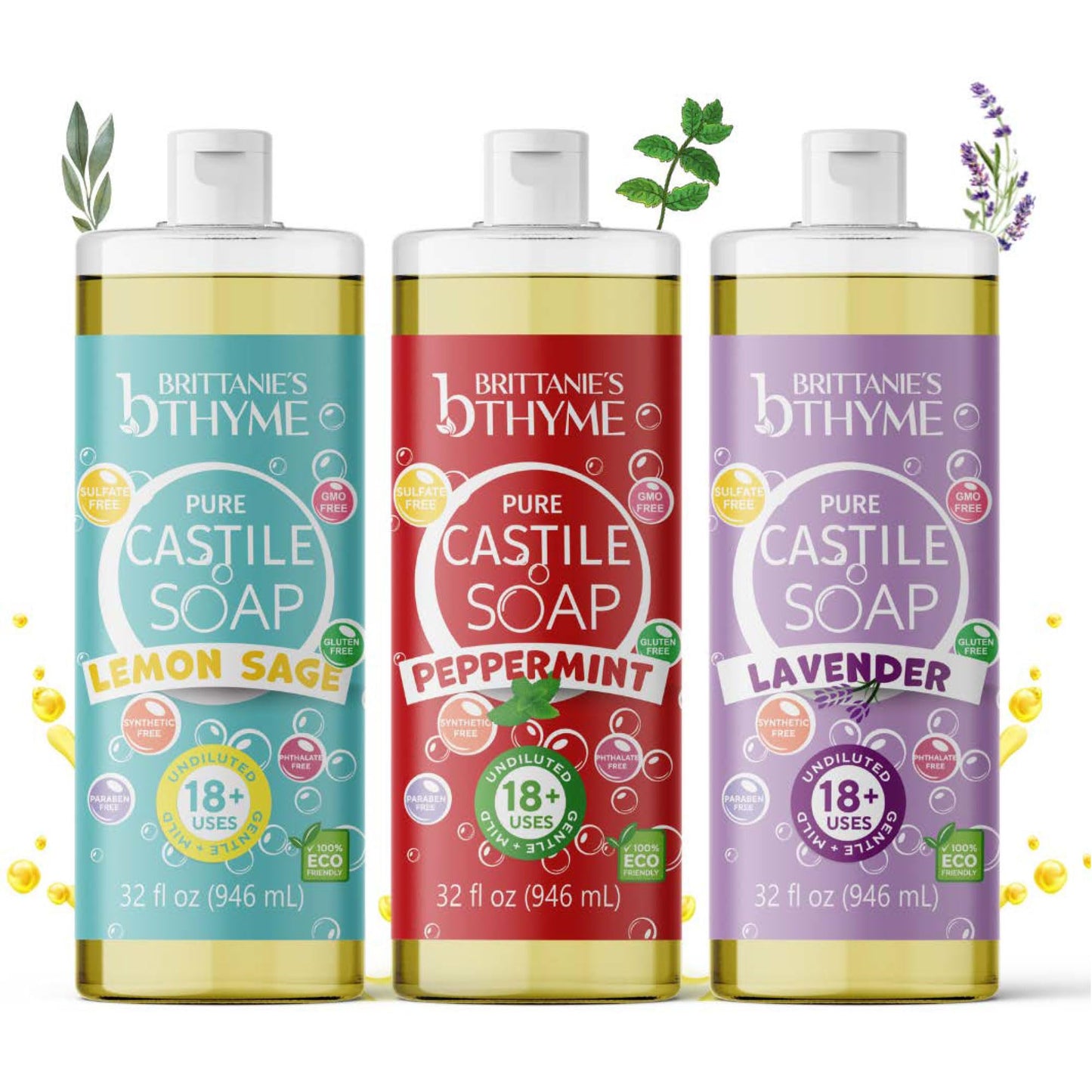 Brittanie's Thyme Pure Castile Liquid Soap Refill | For Hair & Body, Gentle and Pure, Made with Natural Luxurious Oils, Vegan & Gluten Free Non-GMO (Lavender/Peppermint/Lemon, 32 oz (Pack of 3))